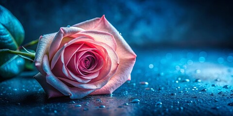 Wall Mural - A Single Pink Rose Resting On A Surface Covered In Dew Drops, Glowing In The Soft Blue Light