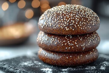 Wall Mural - Three Sesame Seed-Topped Bread Rolls on Black Slate