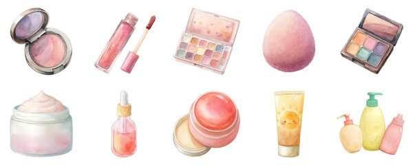 Skincare and makeup products, including lip balm, eyeshadow and lotion. Beauty essentials in watercolor illustration set. Each element in soft pastel colors isolated on transparent background