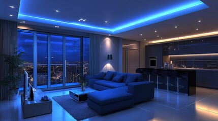 Wall Mural - Modern interior living room and kitchen with dark blue furniture lightning