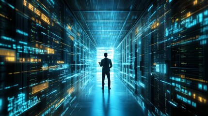 Data processing, digital technology, internet network concept. computer programmer working on big data and computer code with data center, server room as background. Big Data. Ultra realistic. 