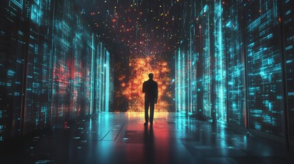 data processing, digital technology, internet network concept. computer programmer working on big da