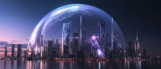 Canvas Print - A futuristic city enclosed in a protective dome, showcasing sleek skyscrapers against a twilight sky, with reflections in the water.