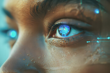 Futuristic female cyborg with blue lights on her eyes scanning the retina. Check the information.