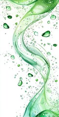 Wall Mural - abstract green water droplets on a white background with flowing liquid shapes highlighting freshnes
