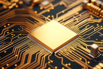 Highefficiency processor, golden circuits, abstract digital background, modern tech