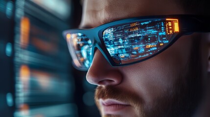 Wall Mural - engineer designing ai technology with reflection on eyeglasses. big data. ultra realistic. photoreal