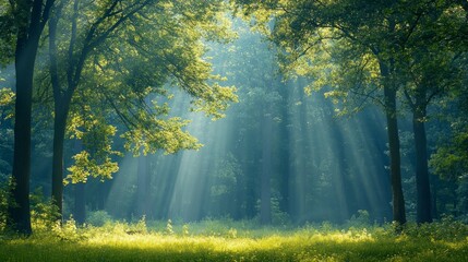 Wall Mural - Sunlight beams through the trees in a misty forest, illuminating the green grass and creating a magical atmosphere.