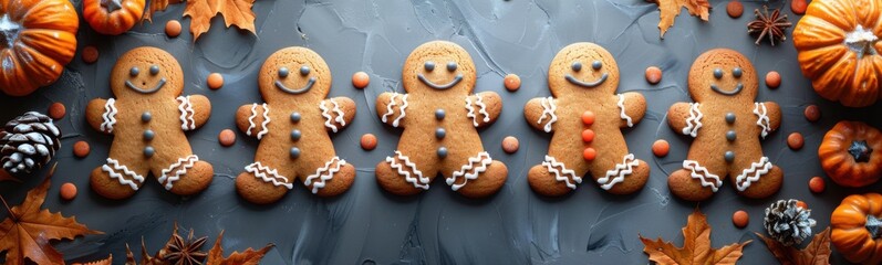 Wall Mural - Several gingerbreads are arranged in a row on a table, halloween holiday, food background, banner