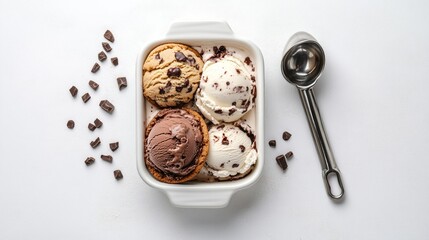 Wall Mural - Three scoops of ice cream, chocolate, vanilla, and cookie dough, with a scoop and chocolate chips on a white surface.