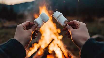 A couple toasting marshmallows by a campfire, stars twinkling above, closeup, cozy atmosphere