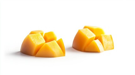 Wall Mural - Two pieces of diced mango on a white background.