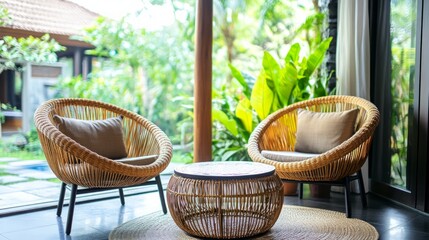 Two wicker chairs with cushions and a round wicker coffee table in a modern living room.