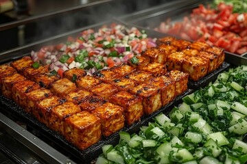 Glazed Tofu Cubes with Cucumber and Tomato Salad