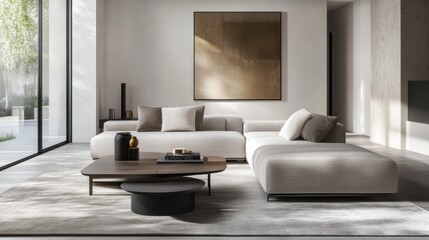 Simple modern living room with gray and beige furniture. Featuring an open, airy design with minimal decor. Showcasing contemporary minimalism and style. Ideal for home decor portfolios