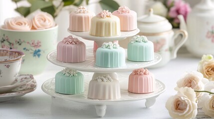 Delight in these artfully arranged mini cakes, perfect for any celebration. Their pastel colors and elegant display make them a charming dessert choice.