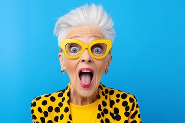 Woman in a yellow and black polka dot outfit with big eyes and a big smile. She is wearing yellow glasses and red lipstick. A crazy looking grandma with wild coloured hair