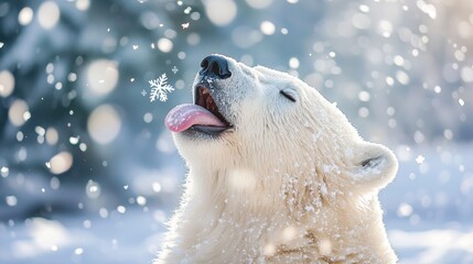 kawaii polar bear catching snowflakes on tongue