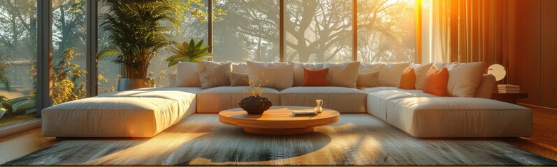 Wall Mural - Couch and a table in a room with a large window, banner, copy space