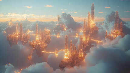 Aufkleber - A breathtaking fantasy cityscape glowing in the clouds at sunset where dreams and reality intertwine in a magical horizon