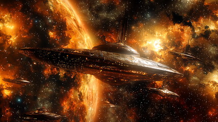 Poster - A futuristic spaceship soars through a vibrant cosmic landscape filled with stars and colorful nebulas in the universe