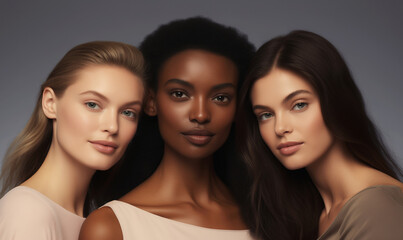 Wall Mural - Beauty portrait three multiethnic diverse young women, clean skin, beautiful female models together