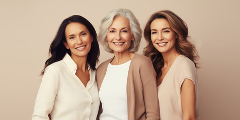 Wall Mural - Beautiful happy smiling mature women together, three cheerful girlfriends with toothy smiles