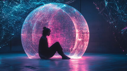 Aufkleber - Exploring the ethereal connection a silhouette in an illuminated sphere of neon lights and digital dreams