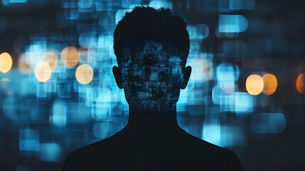 Aufkleber - Exploring the intersection of identity and technology a silhouette against a digital blue background reflecting modern society's relationship with data