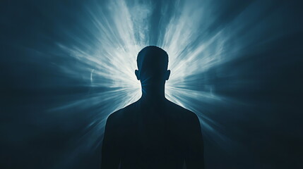 Aufkleber - Ethereal light surrounds silhouette a captivating portrait of inner reflection and cosmic connection