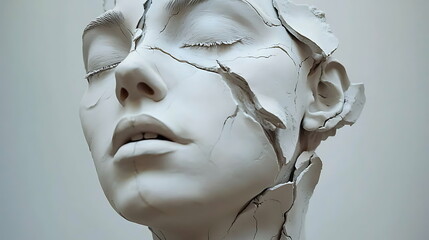 Poster - Artistic sculpture of a cracked face symbolizing fragility and vulnerability on a stark white background