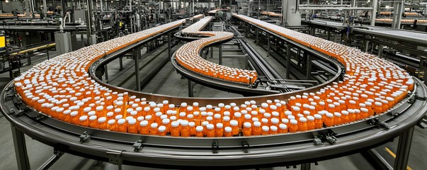 Array of Orange and White Bottles on Production Line