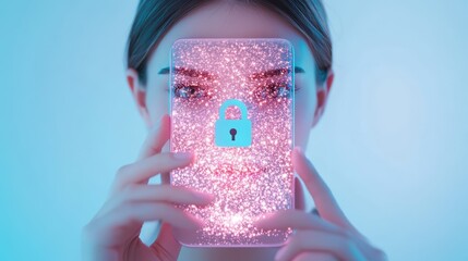 Wall Mural - a woman holding a smartphone with a digital padlock icon on the screen, representing mobile device s
