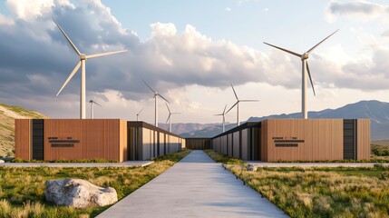 Sky-high view of a modern tech park featuring wind turbines and geothermal plants