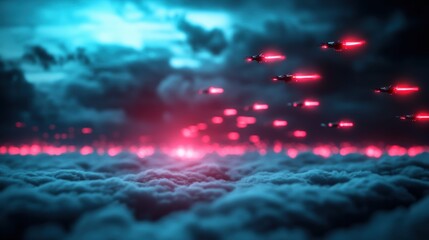 Wall Mural - a futuristic battlefield with digital projections of drones and missiles, showcasing the emergence o