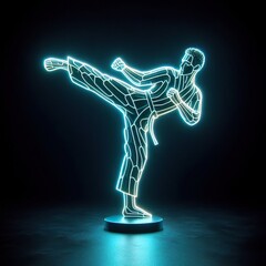 gesture kick kung fu, black background. 3D rendering. Neon lights