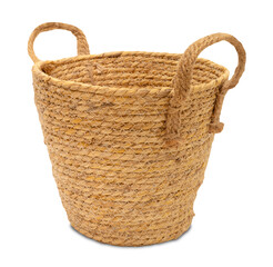 Handcrafted woven basket made from natural fibers, featuring two sturdy handles, on transparent background. Rustic texture, warm, earthy tones. Front view. Boho, bohemian style. Rattan plants pot.