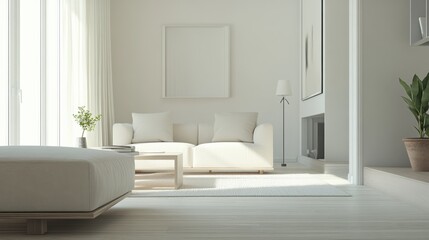 Simple modern living room with light beige and white furniture. Featuring an open, airy design with minimal decoration. Showcasing contemporary minimalism and style. Ideal for home decor marketing