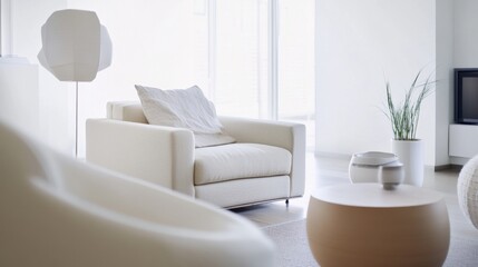 Simple modern living room with light beige and white furniture. Featuring an open, airy design with minimal decoration. Showcasing contemporary minimalism and style. Ideal for home decor marketing