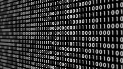 vertically moving rows of dense binary code, consisting of 1s and 0s, represent the fundamental data