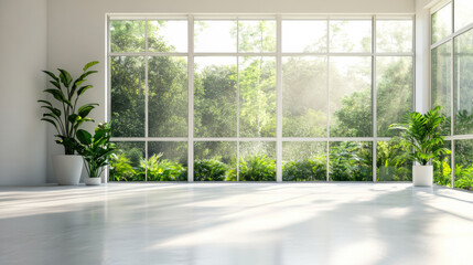 Bright and airy indoor space with large windows showcasing a lush garden view in the morning light