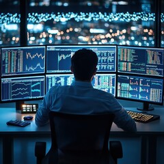 A focused trader analyzes data on multiple screens in a modern office, illuminated by the city lights at night.