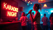 © abu - A young woman sings passionately on stage during a vibrant karaoke night at a lively bar.