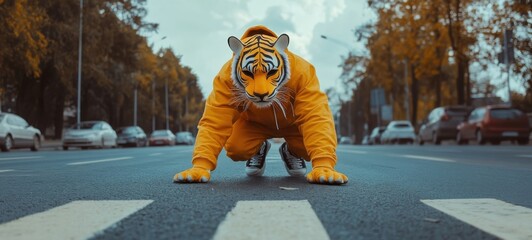 a person in a tiger costume crawls across the street on a cloudy autumn day. quadrobics teen subcult