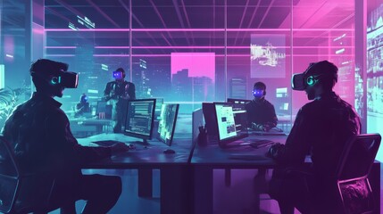 vr collaboration: a team of programmers wearing vr headsets collaborate in a futuristic office space