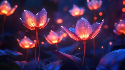 Wall Mural - Illuminated fantasy flowers at night. Magical whimsical nature