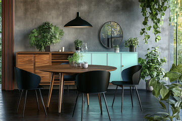 Modern dining room with a round wooden table and black chairs.