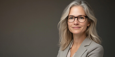 Confident Businesswoman with Glasses in Professional Attire Against a Neutral Background