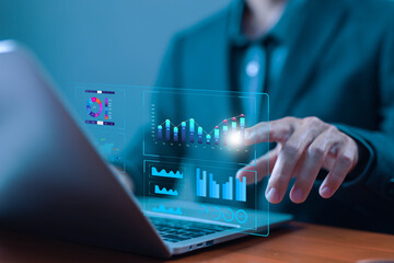 Poster - analyst manages the system database, research on platform digital technology, and reports. concept of analysis data plans shows a dashboard chart on the computer, analytics business