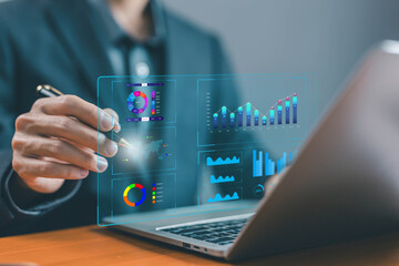 analyst manages the system database, research on platform digital technology, and reports. concept of analysis data plans shows a dashboard chart on the computer, analytics business